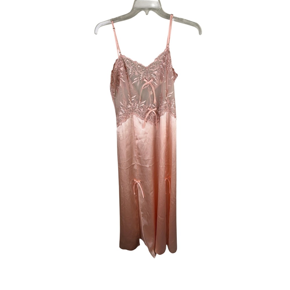 Sena Lingerie Pink Satin Lace Nightgown Midi Slip‎ Dress Bow Accents Size 2